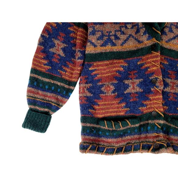 VTG 90s Woolrich Sweater Aztec Design Shawl Collar Cardigan Men's Sz L - Picture 2 of 8